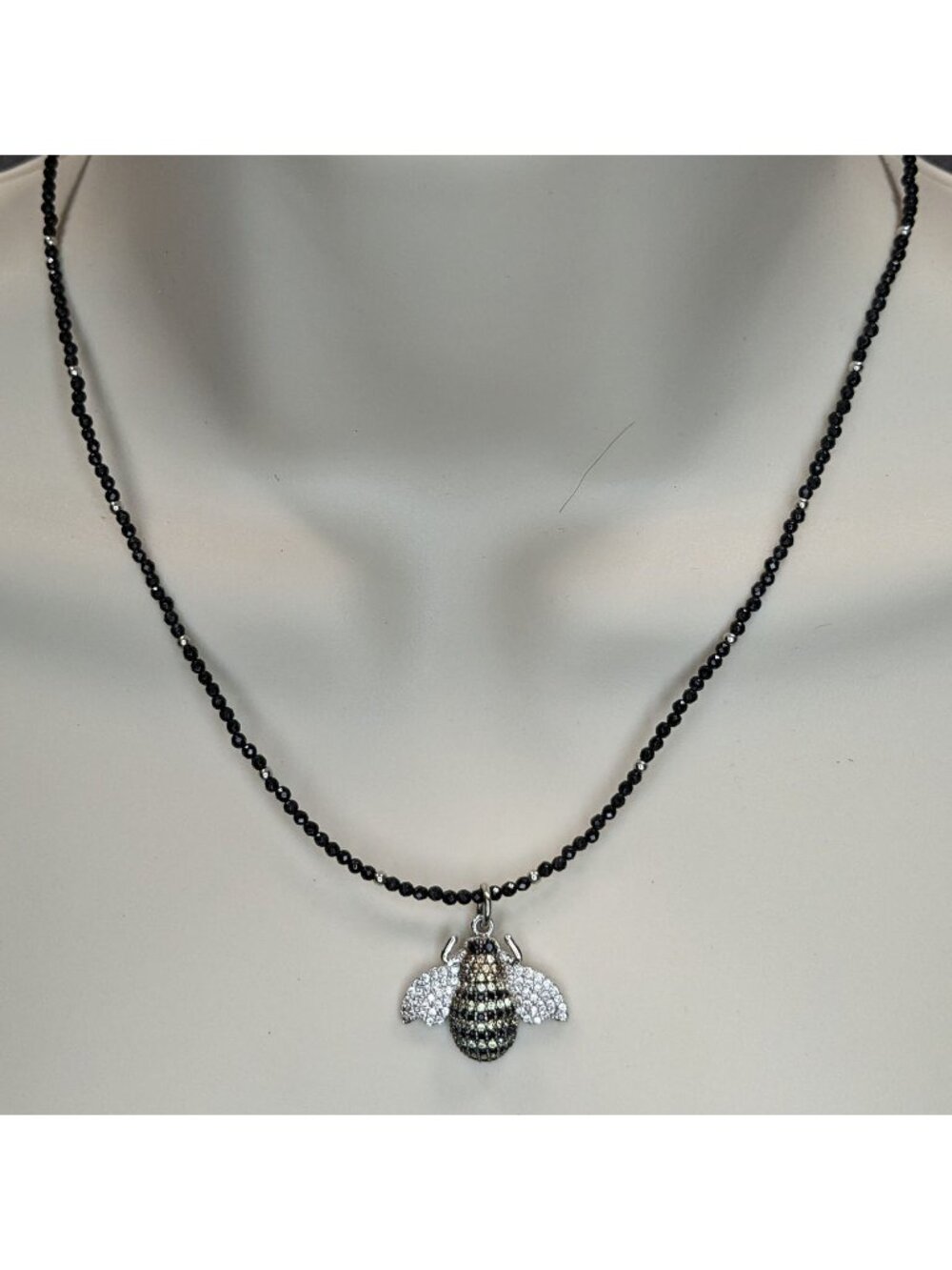 Goth 925 Rhinestone Bee Pendant Black Beaded Necklace Sparkly Insect Jewelry